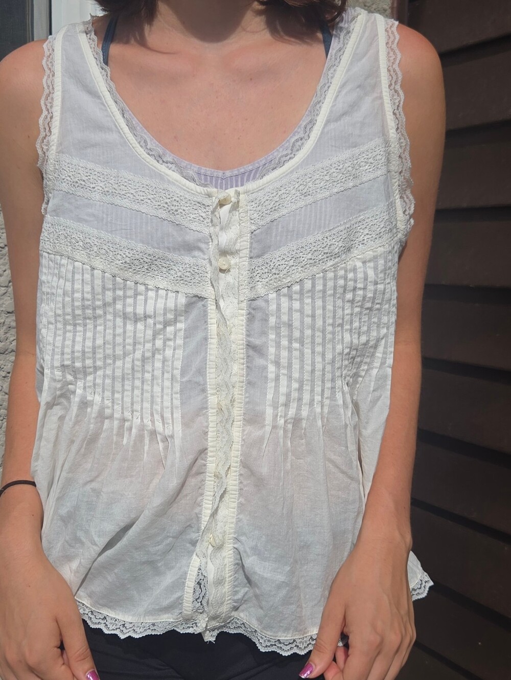 Women's Universal Thread White Lace Button Dainty Feminine Tank Top Shirt Large